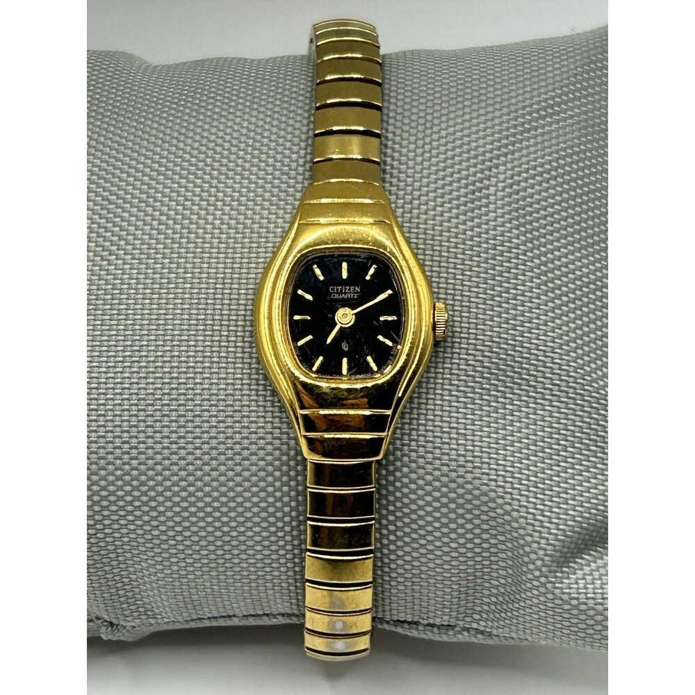 Vintage Citizen Quartz Ladies Watch Black Dial Gold Tone Expansion Band Japan